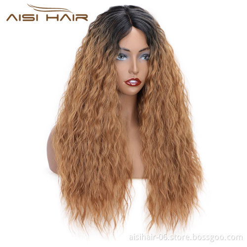 Aisi Hair Heat Resistant Synthetic Fiber Long Wavy Lace Part Wigs Ombre Brown Long Wave Wigs for American African Women